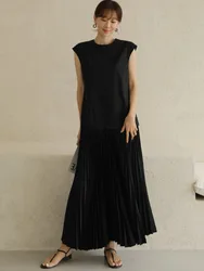 Chic Summer High-End round Neck Back Strap Splicing Pleated Design Vest Dress Women's Fashionable Commute Style All-Season Dress