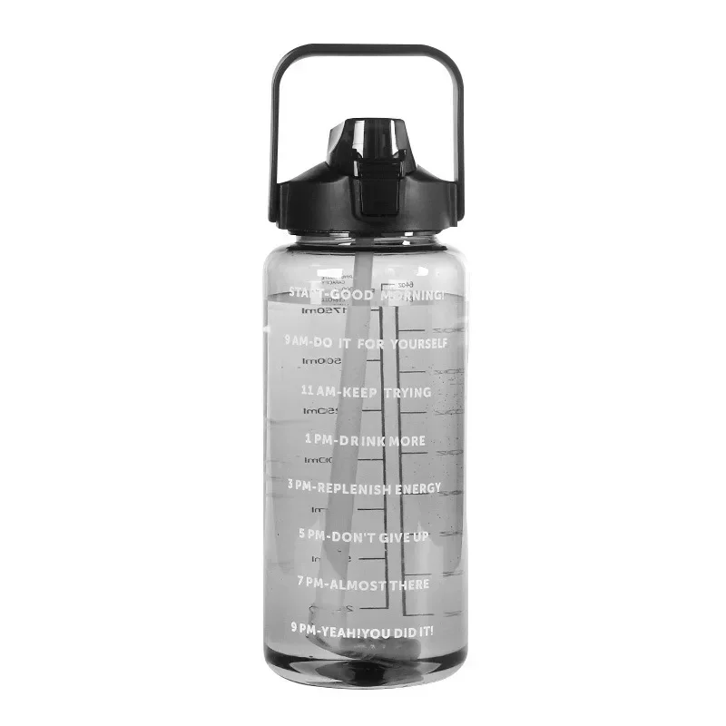 Bouteille d\'eau de grande capacité avec paille en plastique, bouteille de voyage portable, tasse de fitness, camping en plein air, 2 litres