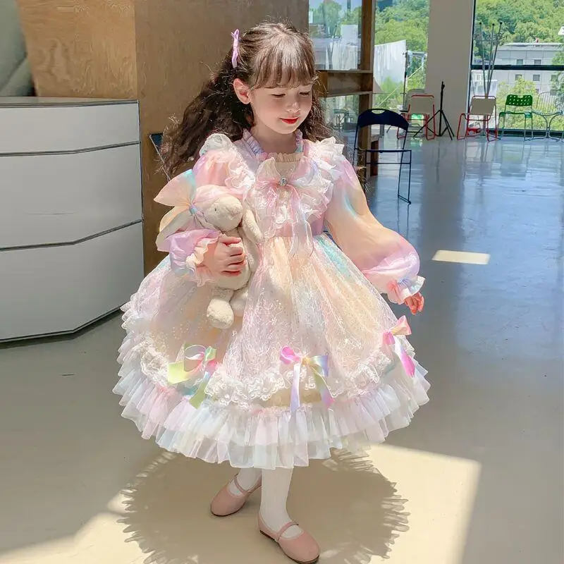 Children's Rainbow Colors Princess Lolita Dress Bow Decoration Puff Skirt Gir Lace Layered Dress Party Festival Ball Gown Gift