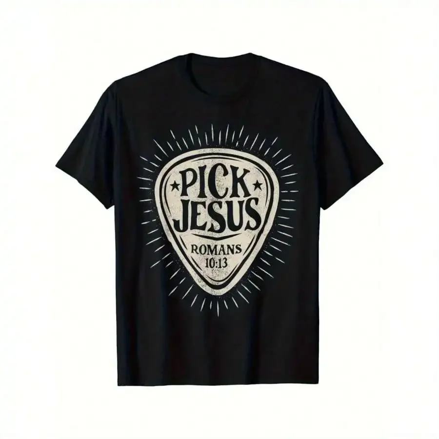 

Mens Cotton Crew Neck Short Sleeve T-Shirt With Guitar Pick Jesus Print Casual Wear