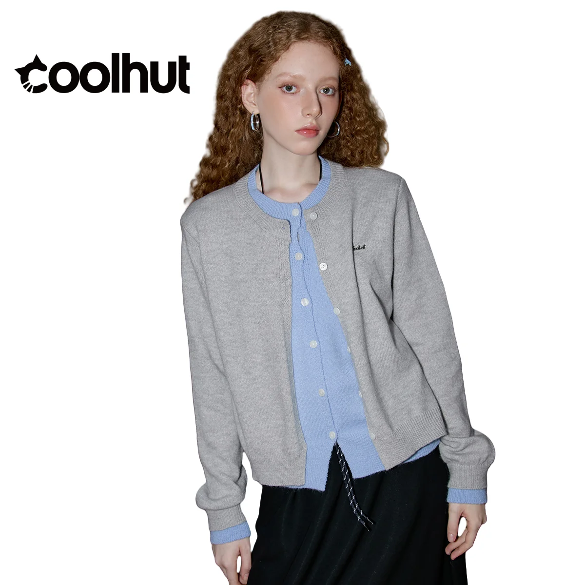 

COOLHUT 2025 Новый женский американский кардиган в стиле преппи, искусственный вязаный свитер из двух частей, свободный крой для колледжа, нишевая осенняя одежда с открытой передней частью