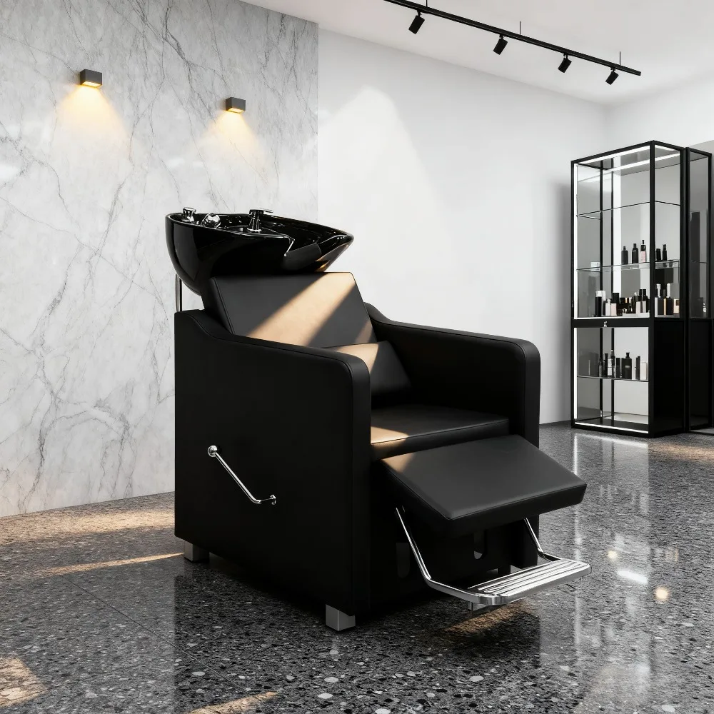 كرسي الغسيل العكسي لمحطة الشامبو - حوض غسيل الشعر من السيراميك، حاجز ساق قابل للتعديل ووظيفة الاستلقاء لمتجر الحلاقة ​