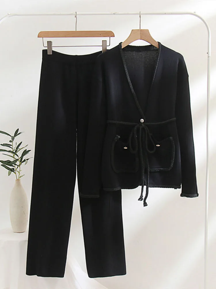 Elegant Knitted 2 Pieces Sets Women Long Sleeve Knit Cardigan Tops Belt Conjuntos Korean High Waist Wide Leg Pants Tracksuit New