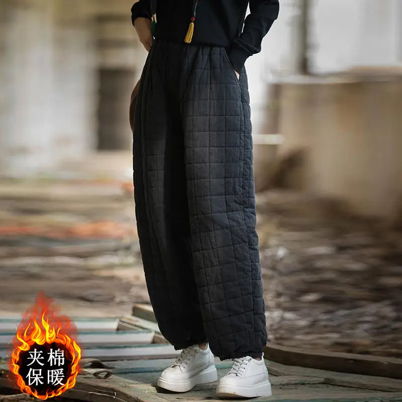 

Винтажные эластичные свободные длинные хлопковые брюки с высокой талией, теплые брюки большого размера, женские однотонные модные мешковатые широкие брюки-карго