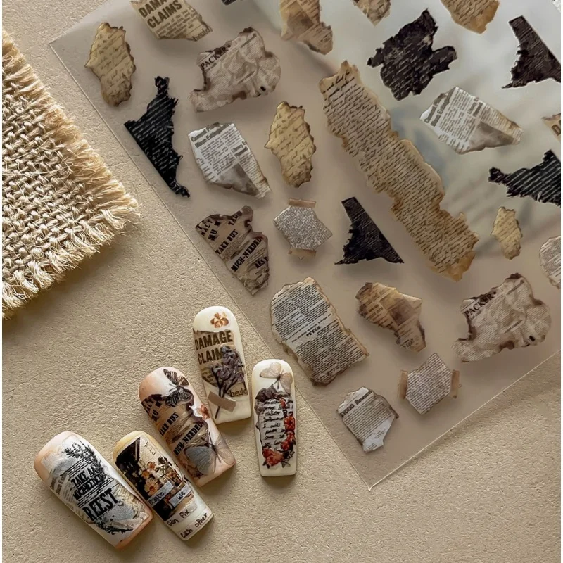1pcs Retro Burnt Newspaper Nail Art Stickers Irregular Torn Old Paper Text Self-Adhesive Nail Decals Gothic Manicure Decorations
