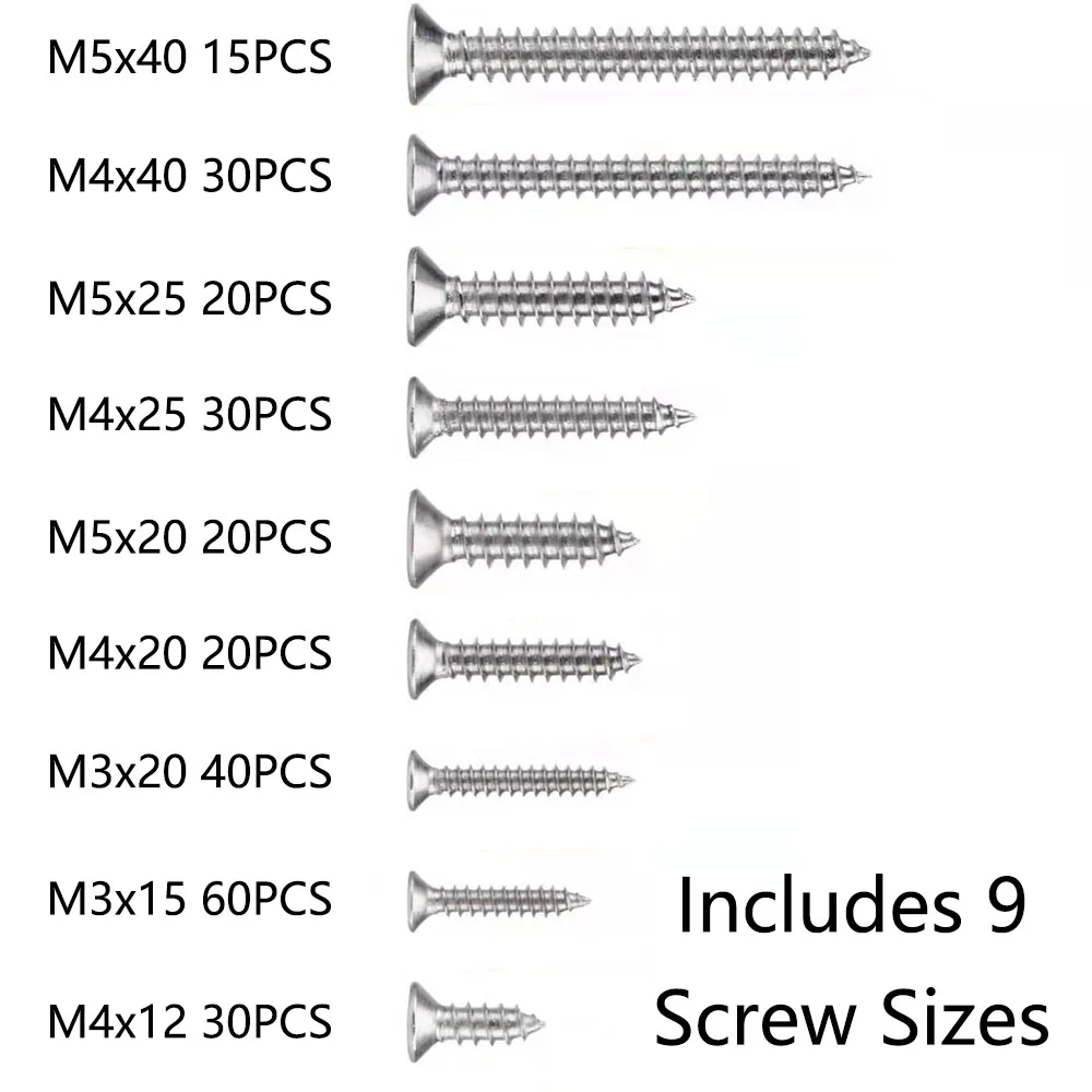 265PCS Stainless Steels Self-tapping Assorted Screws M3 M4 M5 Countersunk Flat Head Tapping Cross Recessed Wood Screws Set w Box