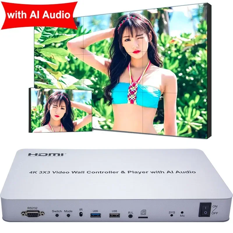 4K 3x3 Intelligent Voice Video Wall Controller USB Player w AI Audio HDMI Video Processor Multi Screen Stitching TV Wall Splicer