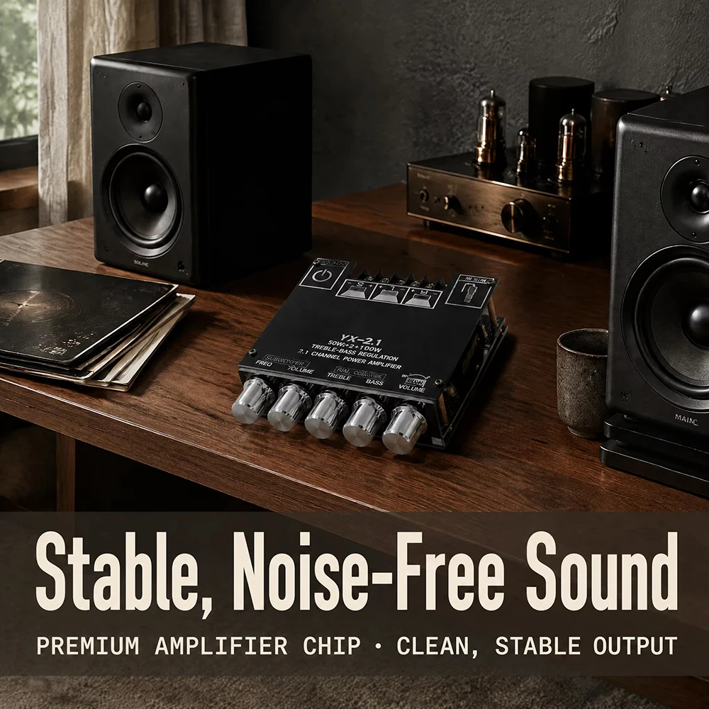 2.1 Channel Amplifier Board 50W x 2 + 100W Subwoofer, Bluetooth 5.1 HiFi Amplifier, DC 12-24V, Treble Bass Control, AUX Input