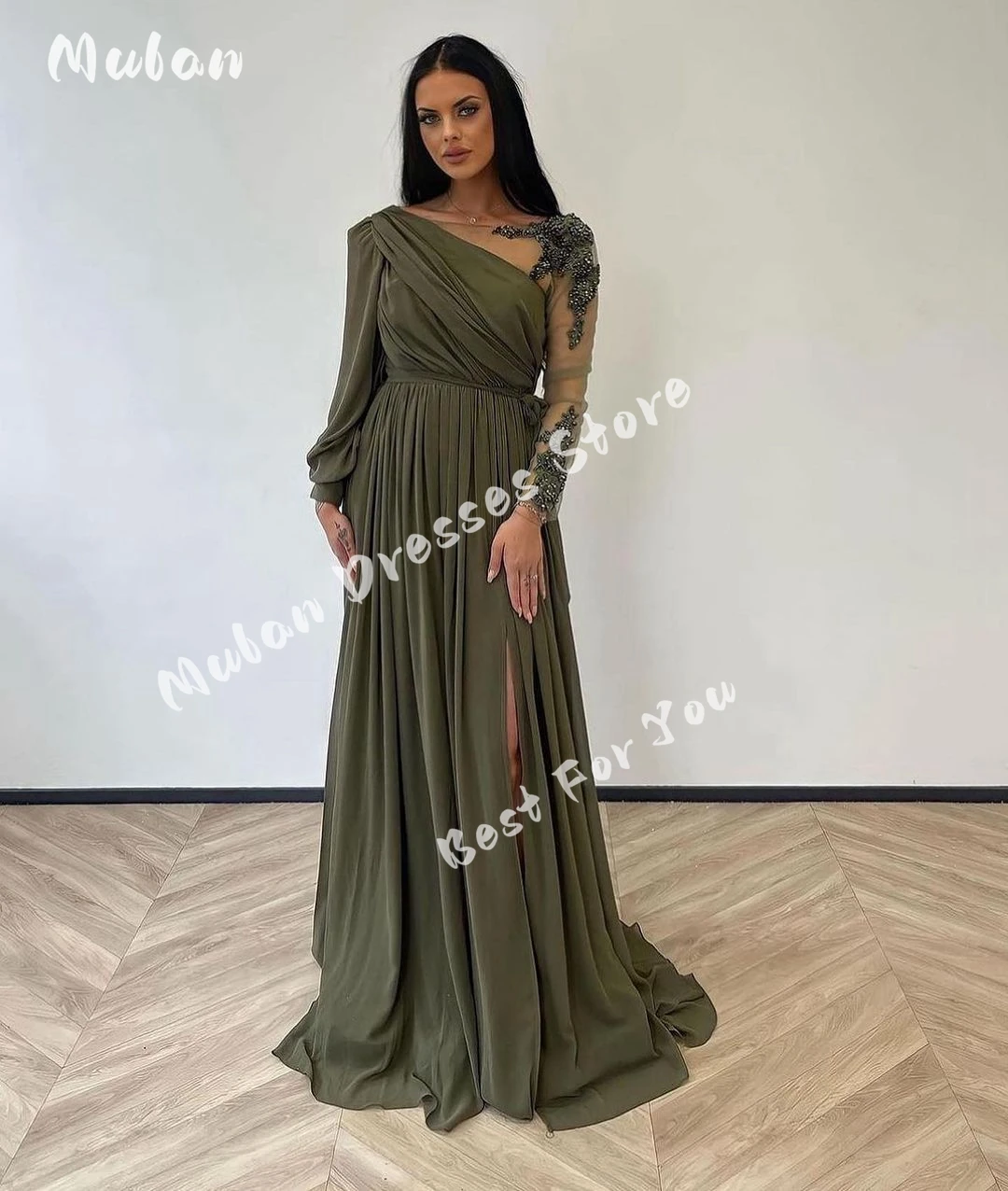 Beads Appliques Long Sleeves Prom Dresses Pleated A-line Elegant Evening Dresses 2024 Formal Wedding Party Gown Vestidos