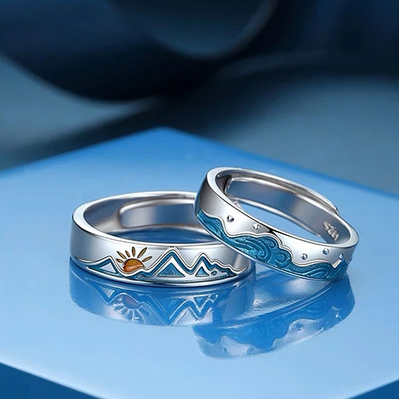 2 قطعة/المجموعة زوجين خواتم للنساء الشمس القمر دولفين أجنحة مخطط القلب الكهربائي الصليب مطابقة مجوهرات إصبع حلقة مفتوحة #3