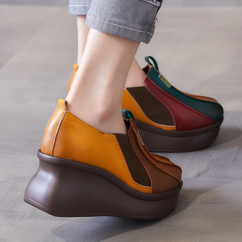 GKTINOO 2024 Spring Retro Women Genuine Leather Shoes Mixed Color Wedges Heels Shoes Thick Sole Casual Ladies Platform Shoes