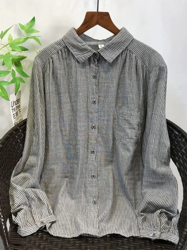 

2025 Spring Autumn Women's Cotton Long Sve irt Double Layer Pure Color Stripe Vintage Base Layer Top Breathable Loose Fit