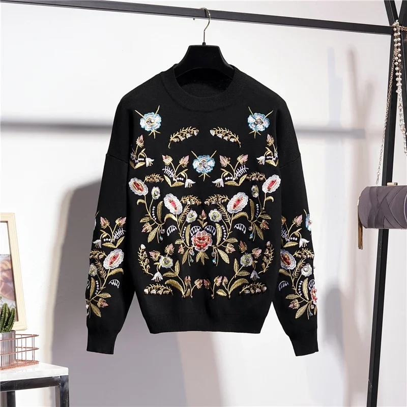 Fashion Flower Embroidery Women Knitted Tracksuit Outfits O Neck Long Sleeve Pullover Jumper And Pencil Pant Knitwear Casual Set