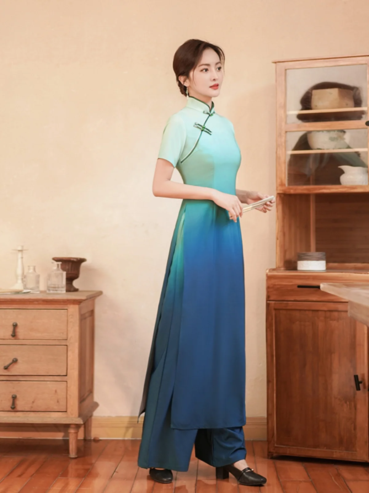 

Ретро-костюм с широкими брюками в стиле Цин, комплект из двух предметов, летний модный женский наряд в стиле феи.