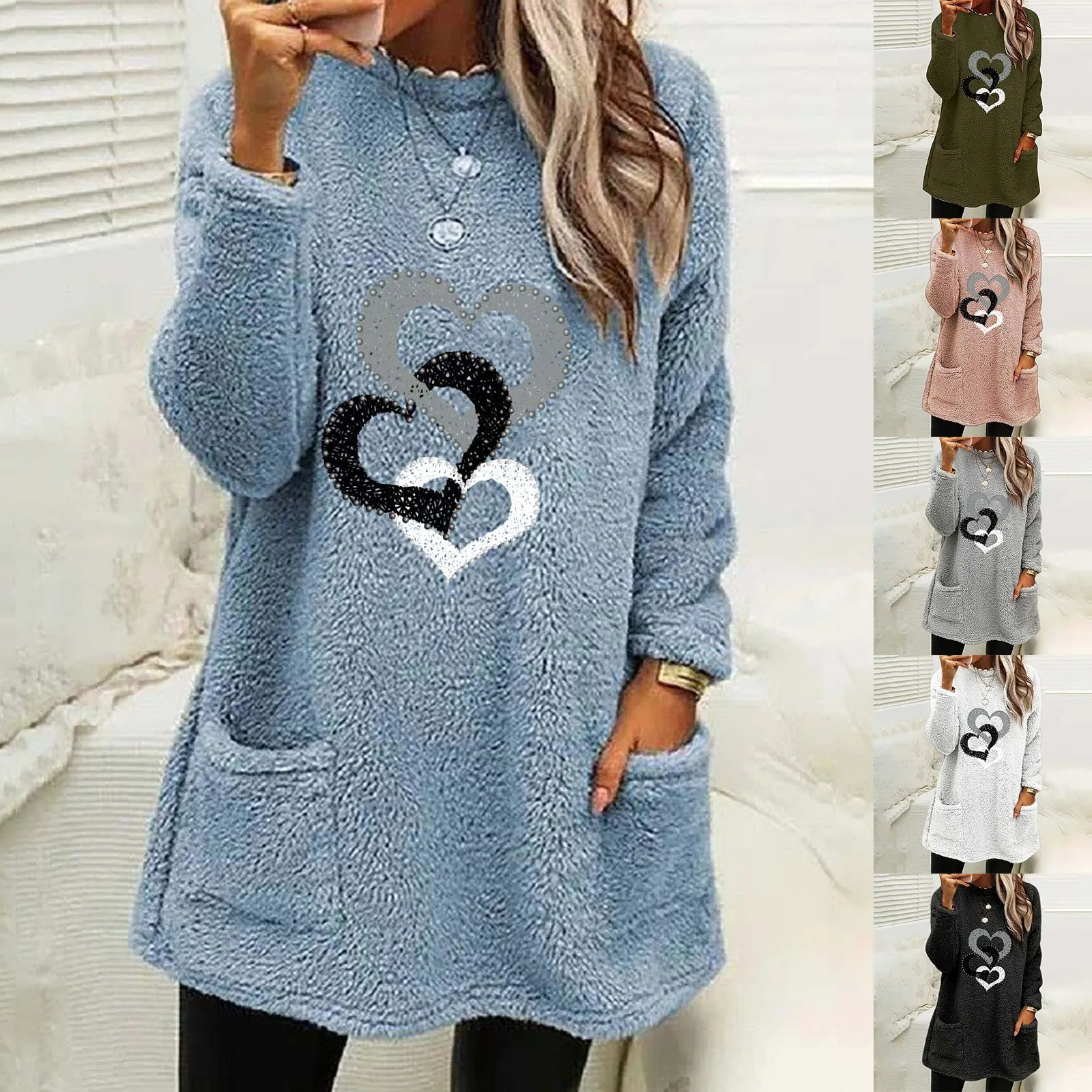 

Chain Love Printed Round Neck Sweatshirt Dress Loose Full Zipper Women Blouses Christmas Jacket Women Cotton Sweatshirts Women