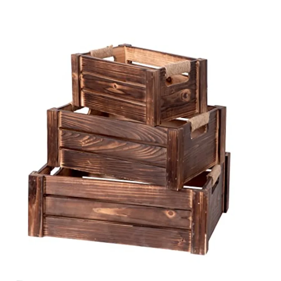 

Набор из 3 деревянных коробок-ящиков в деревенском стиле, деревянные контейнеры для хранения в стиле фермерского дома с вырезанными ручками, декоративные деревянные корзины для