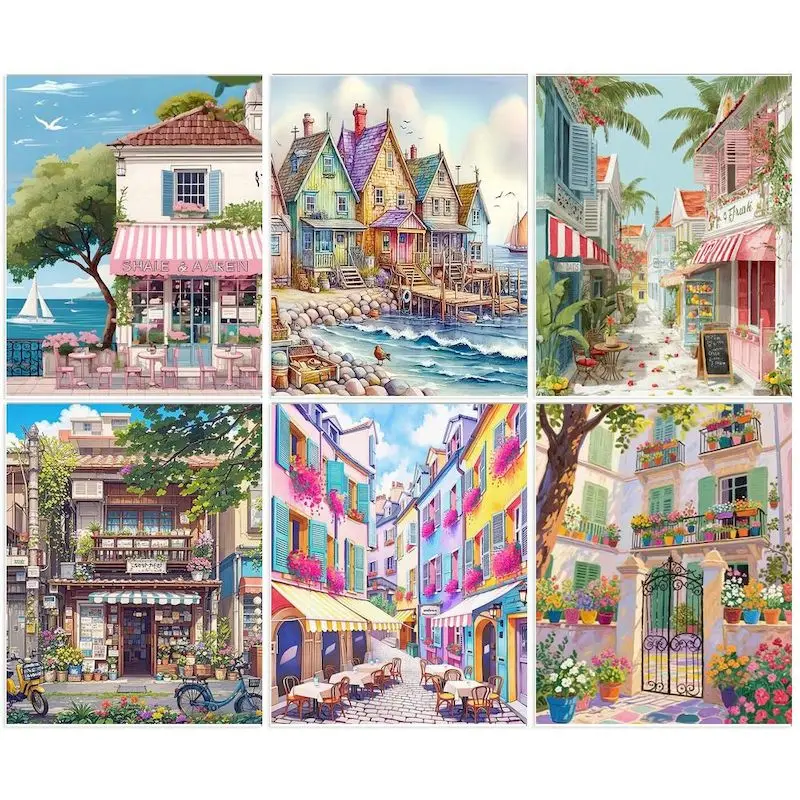 

CHENISTORY European Village Painting By Numbers Wall Art Picture On Numbers Village Landscape On Canvas Drawing Kit Kill Time Wa