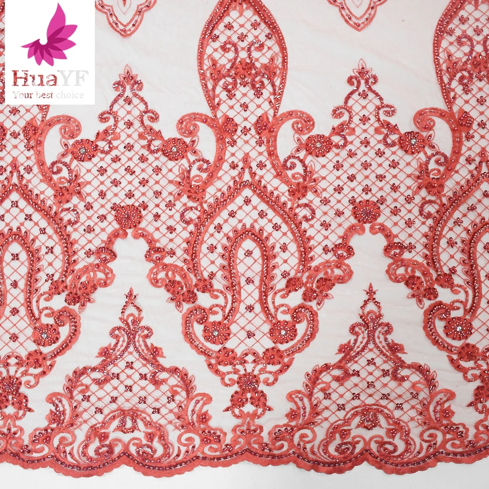 

Gorgeous handmade French red beaded lace and pearl lace fabric limited edition design 1 yard HY1133-5