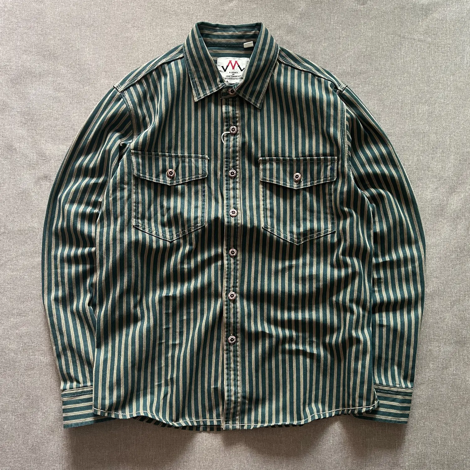 101# Autumn And Winter New American Retro Stripe Long-Sleeve Lapel Shirt Men's Simple Fashion Washed Multi-pocket Casual Blouses