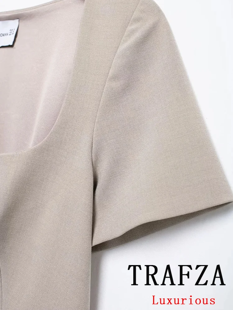 TRAFZA Vintage Chic Women Blazer Solid Single Breasted Square Collar Short Sleeve Blazer Fashion 2024 Autumn Office Lady Blazer