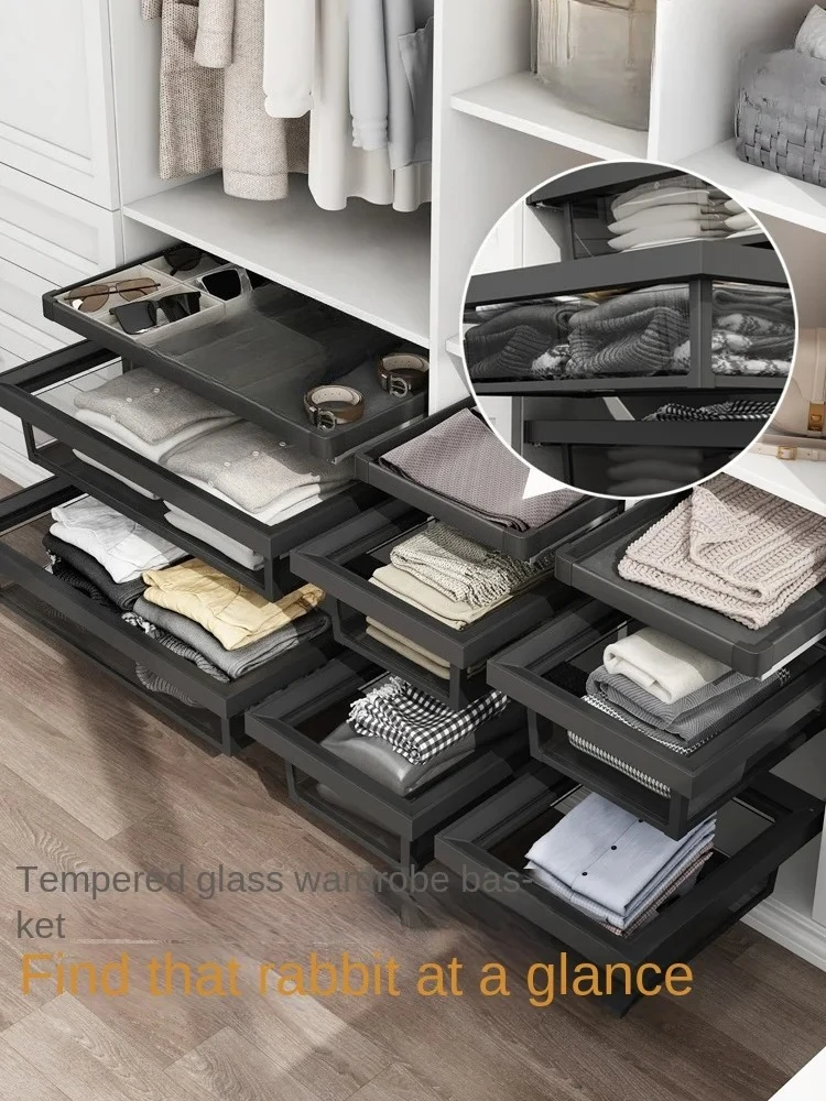 Wardrobe pull-up basket, multifunctional sliding pants rack, storage basket, wardrobe storage, tempered glass basket