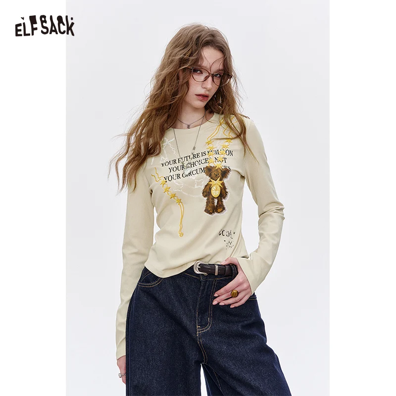 ELFSACK 2025 Autumn New Arrival Streetwear Print Graffiti Letter Long Sleeve T-Shirt For Woman