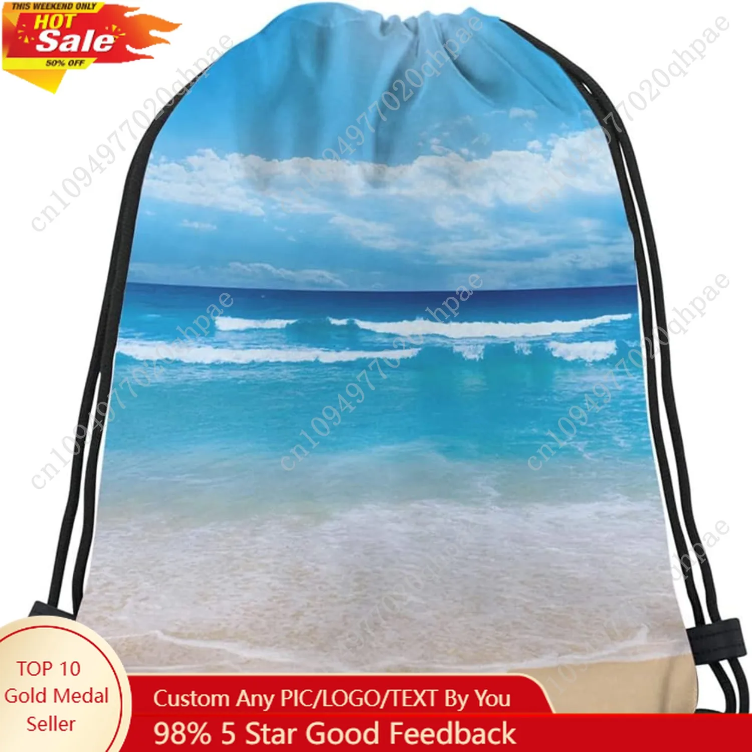 

Summer Beach Drawstring Bags Backpack Bag Blue Ocean Coastal Nautical Theme Seascape Holiday Sea Water Time Sport Gym Sack Draws