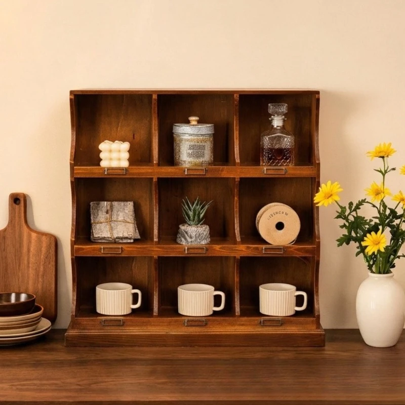 Vintage Solid Wood Desktop Storage Rack, 9-grid Coffee Cup Holder, Kitchen Tableware Shelf, Multi-grid Display Rack For Desk