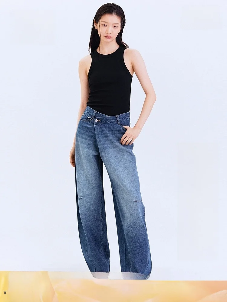 

Summer New Women's Loose Fit Jeans Tube Shape Cotton Natural Waist No Stretch H&M 1328233