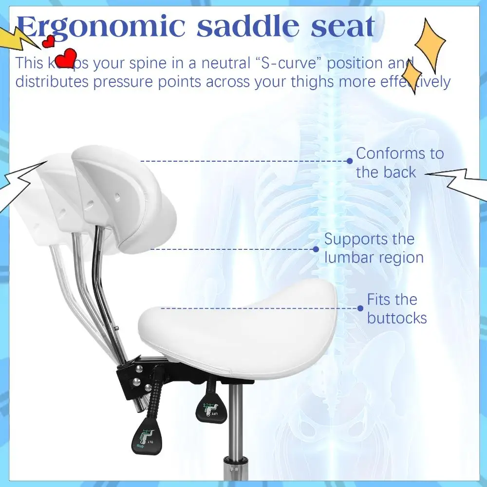 

Saddle Stool Rolling Chair with Wheels with Back Support 19.93-21.65in Height for Home Office Salon Spa Kitchen Tattoo