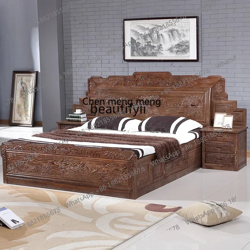 S7486 ss African Door Frame Bed Chinese Style Rosewood Landscape Carved Double Bed 1.8 M Solid Wood High Box Storage Bed Storage