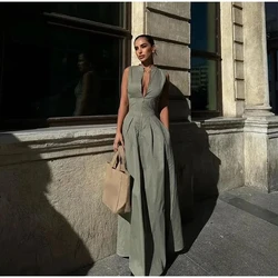 Summer Elegant Solid Sleeveless Women Maxi Dress Fashion V-neck Zipper Slim 2024 Office Lady Commuting Robe