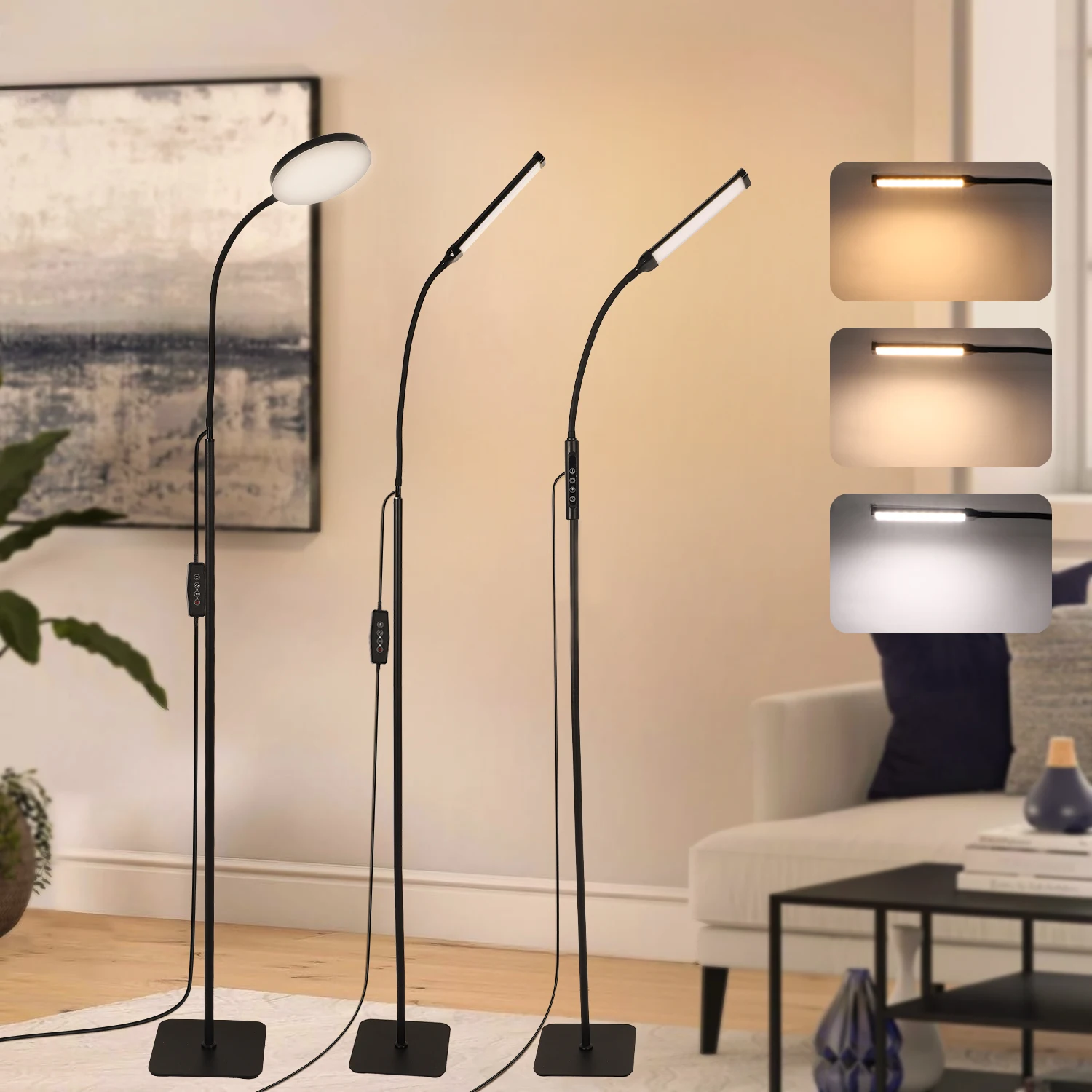 

LED floor lamp can rotate 360 degrees freely with 3 color modes and 3 height adjustments available