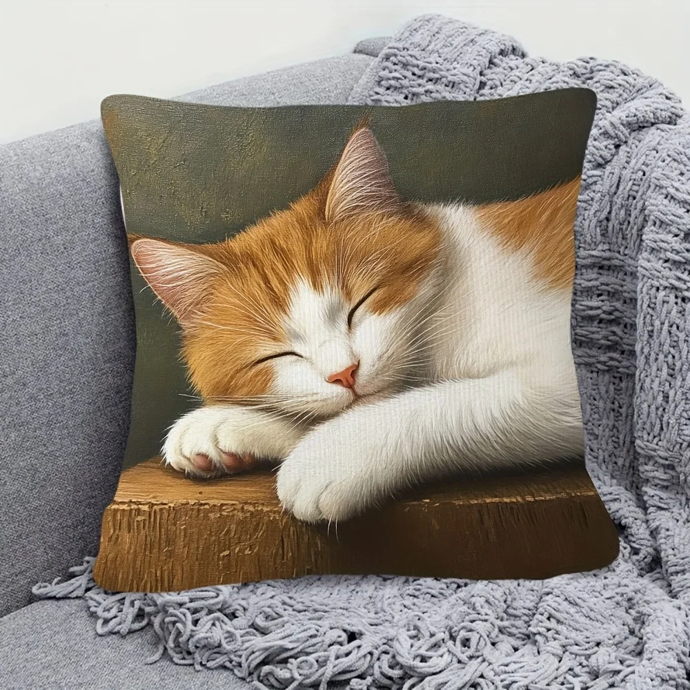 1pc Sleeping Orange White Cat Double‑Sided Print Pillow Cover, Cushion Case for Sofa Bedroom, Insert Not Included, Home Decor