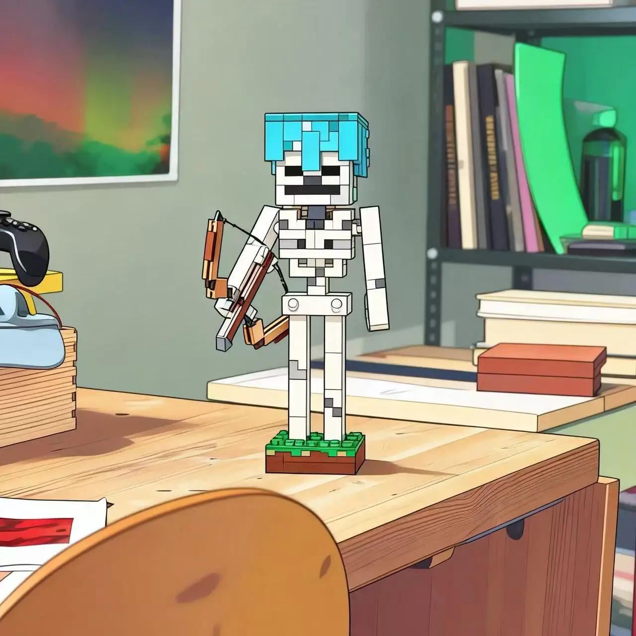 The little figure holds a bow and arrow, 502 skull block toys, wears a detachable diamond helmet, and is a brick gift