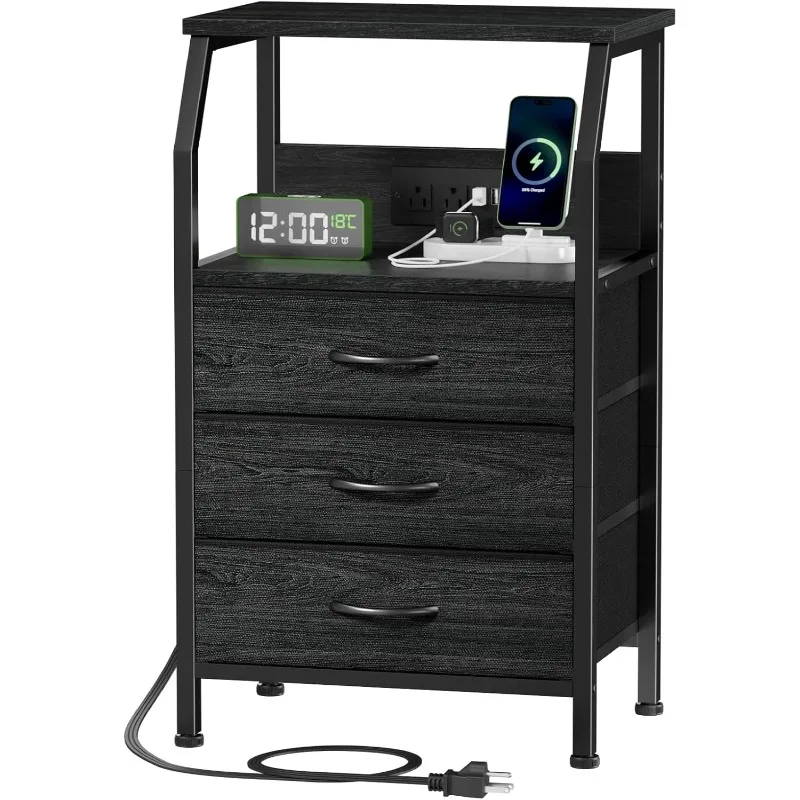 

Night Stand with Charging Station, 28.3 Inch Tall Side Table with Fabric Drawers and Storage Shelf