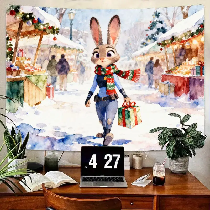

1PC Zootopia Judy Hopps Christmas Tapestry, Watercolor Winter Holiday Wall Art, Festive Snowy Market Room Decor Gift