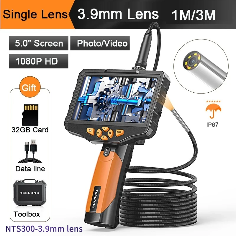 

NTS300 2.0MP 3.9mm Industrial Inspection Camera For Car Pipe 1080P Elastic Wire Borescope with 32GB Card
