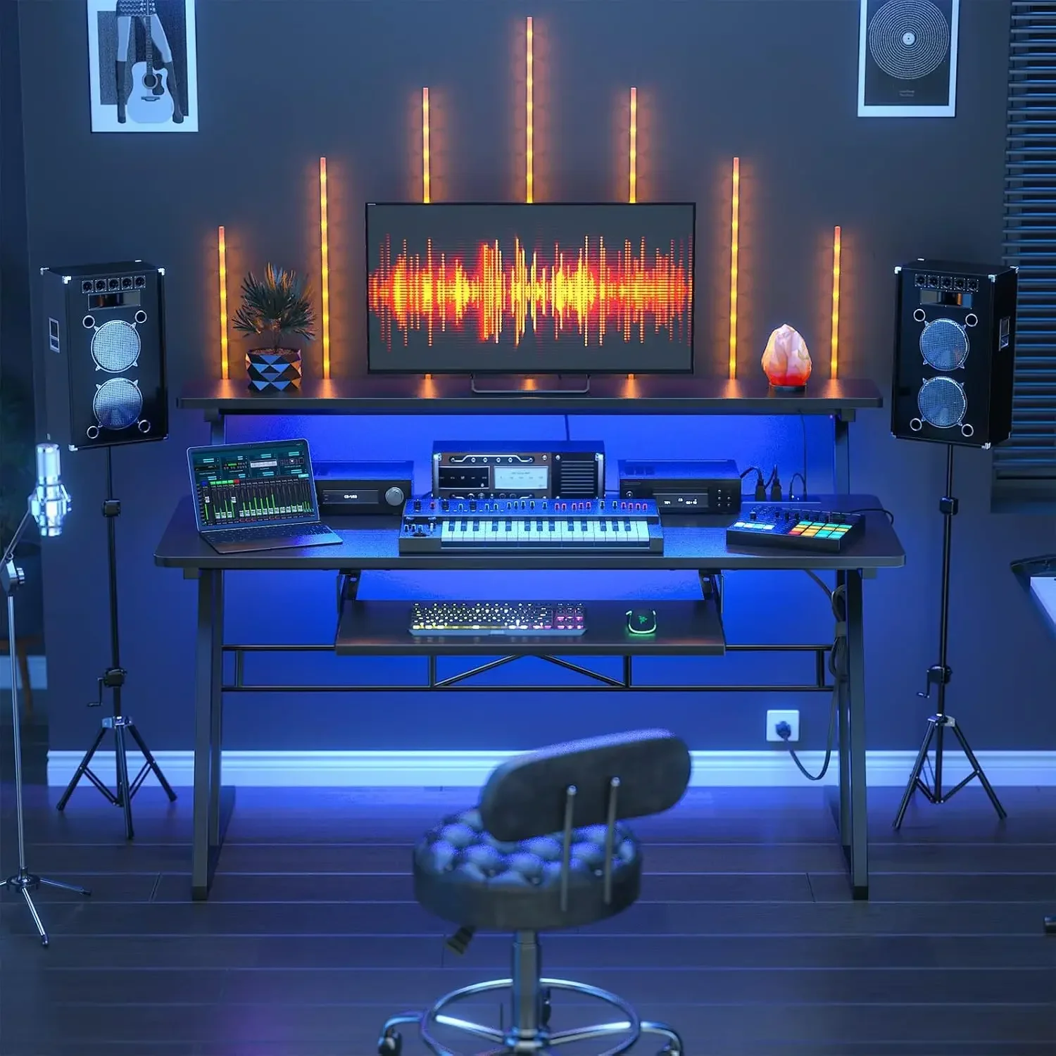 Music Studio Desk, Music Production Workstation with Power Outlets and RGB LED Lights, Recording Studio Table Desks Music Produc