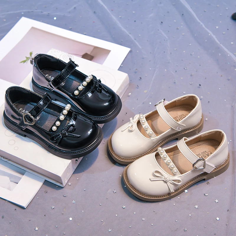 

Little Girls Glitter Mary Jane Shoes with Bow-knot Children Flats Pearls Shoes Kids Princess Leather Shoes for Party Wedding
