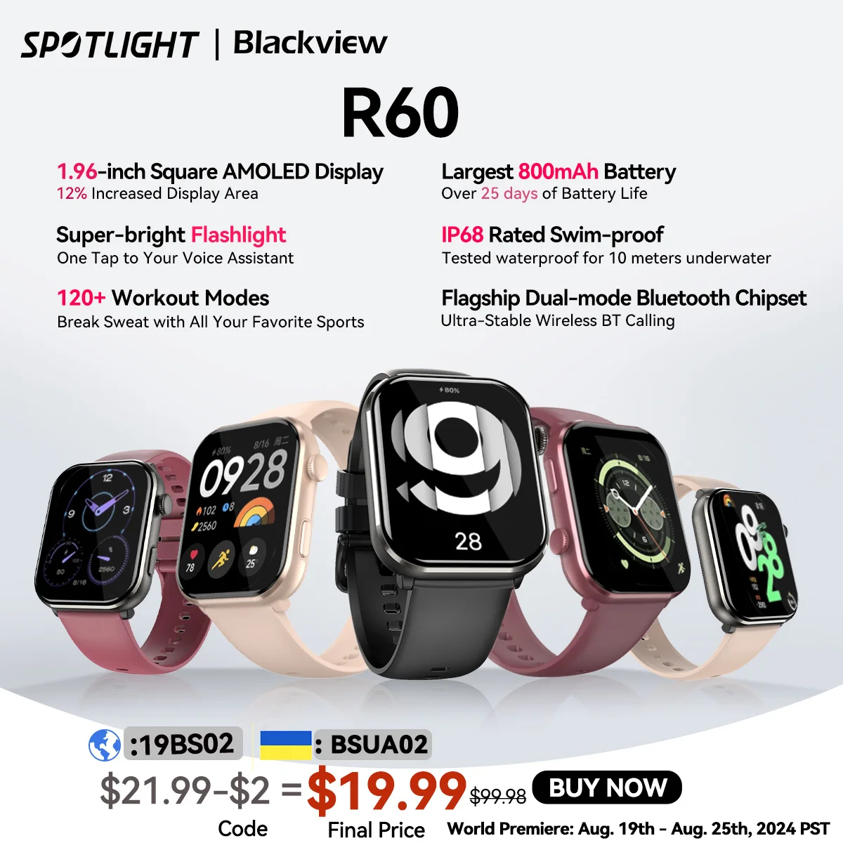 [Мировая премьера] Blackview Smartwatch R60 Часы 1,96-дюймовый AMOLED-дисплей 800 мАч Bluetooth-телефонные звонки Отслеживание здоровья и фитнеса