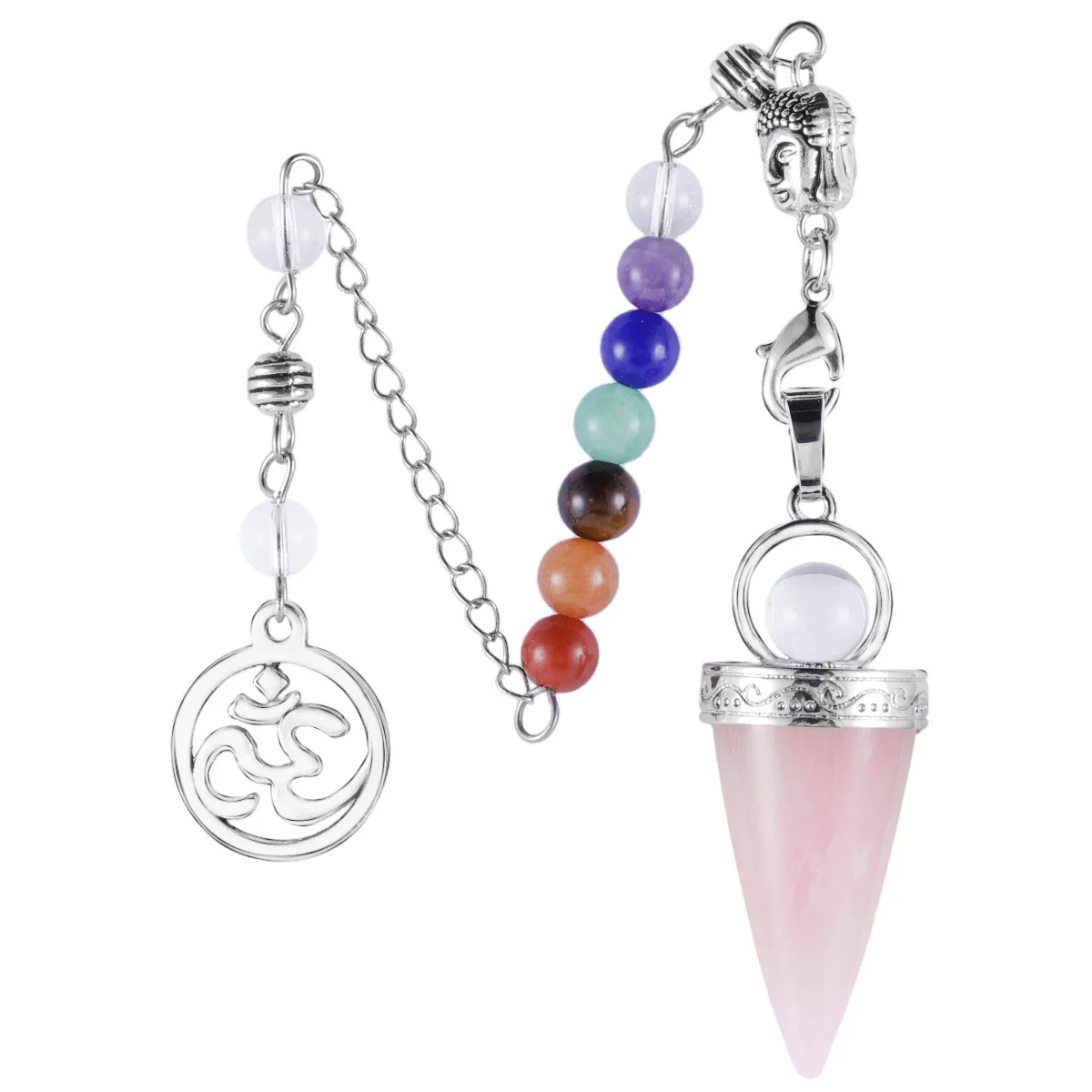 Natural Crystal Round Cone Pendant Pendulum 7 Chakras Stone Beads Buddha Charm Chain Meditation Wicca Dowsing Amulet Jewelry