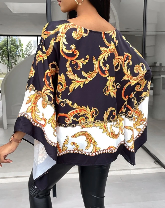 Fashion 2024 New Women Casual Blouses Round Neck Colorblock Baroque Print Batwing Sleeve Top Oversize Long Sleeve Shirt Top