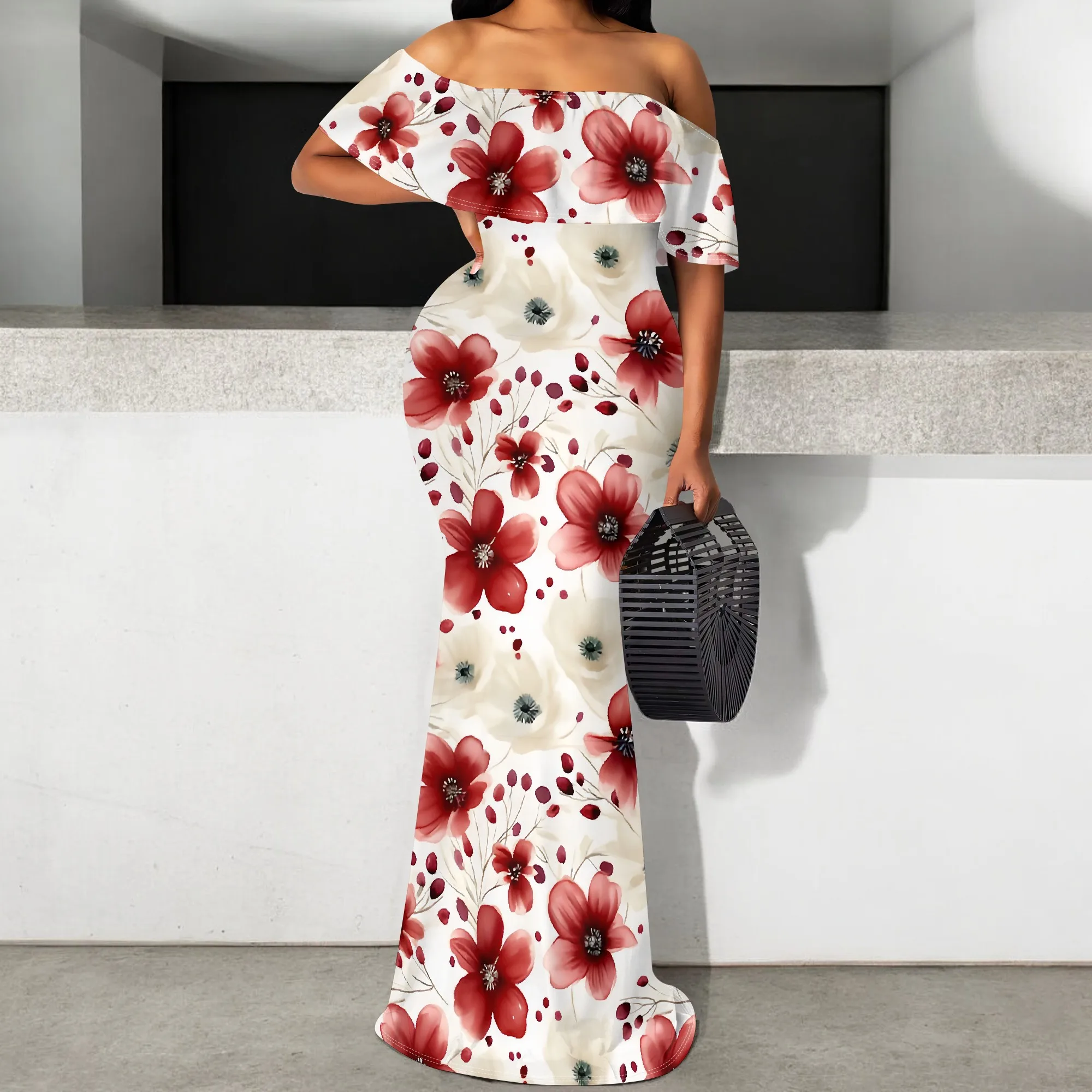 

Women's Off Shoulder Red Floral Maxi Dress S-3XL Elegant Summer Party Gown