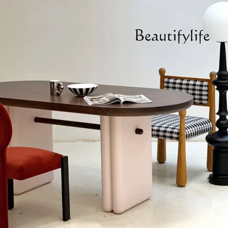 N Nordic medieval dining table solid wood oval cream style small apartment paint dining table