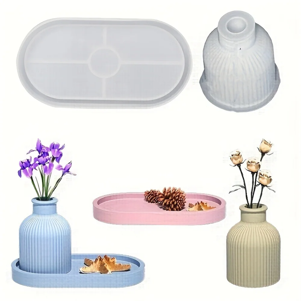 1/2 Stück Vasen-Tablett-Silikonform, ovale Untersetzerform und Flaschenbehälterform, Süßigkeitenbehälter, Blumentopf, Geschenk, Heimdekoration – Detail 1