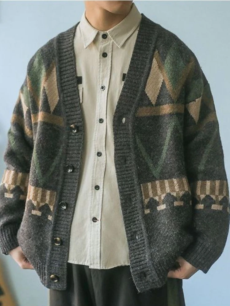 Vintage Print Autumn Winter Jacket Knitted Cardigan High-end Coats Sweater Warm Casual Loose Tops Long Sleeve Single Breasted