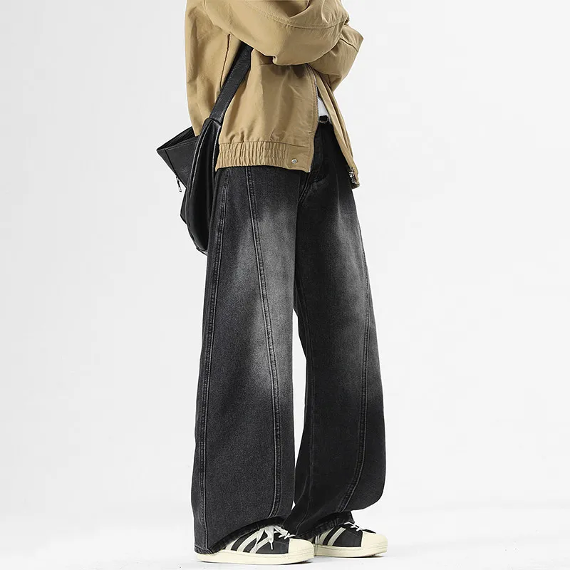 

American Retro Waed Denim Jeans Men's Spring Autumn Trend Straight Loose Drapey Wide Leg Pants Cotton Polyester Blend