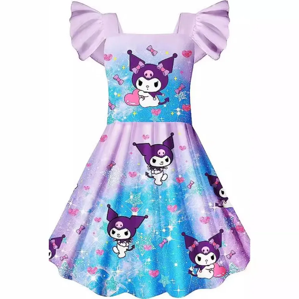 2024 New Girl Kitty Kuromi Girl Digital Printed Girl Dress Casual Girl Cute Pattern 3D Printed Cotton Children's Wear