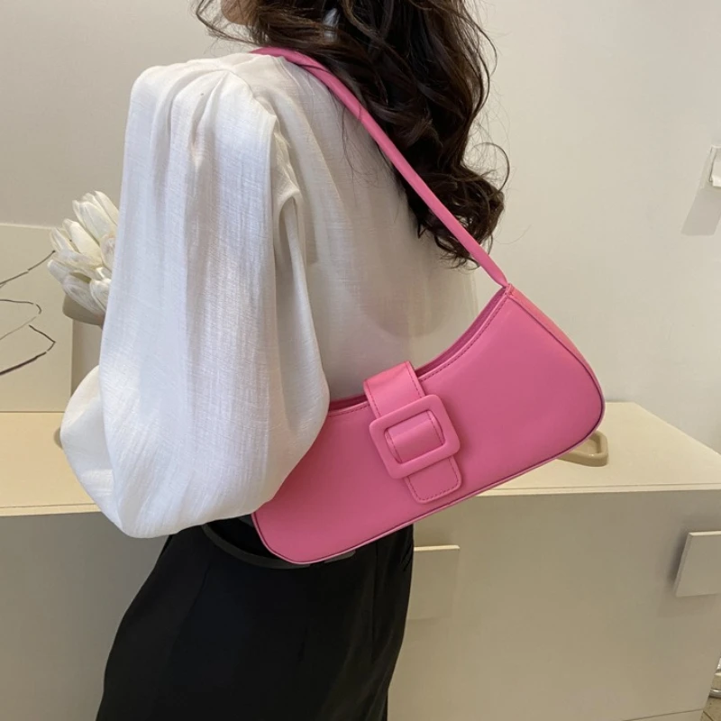 Minimalist Woman Underarm Bag with Square Buckle Decor, Slim Single Shoulder Strap, Trendy Y2K Small Handbag, for Daily Outings